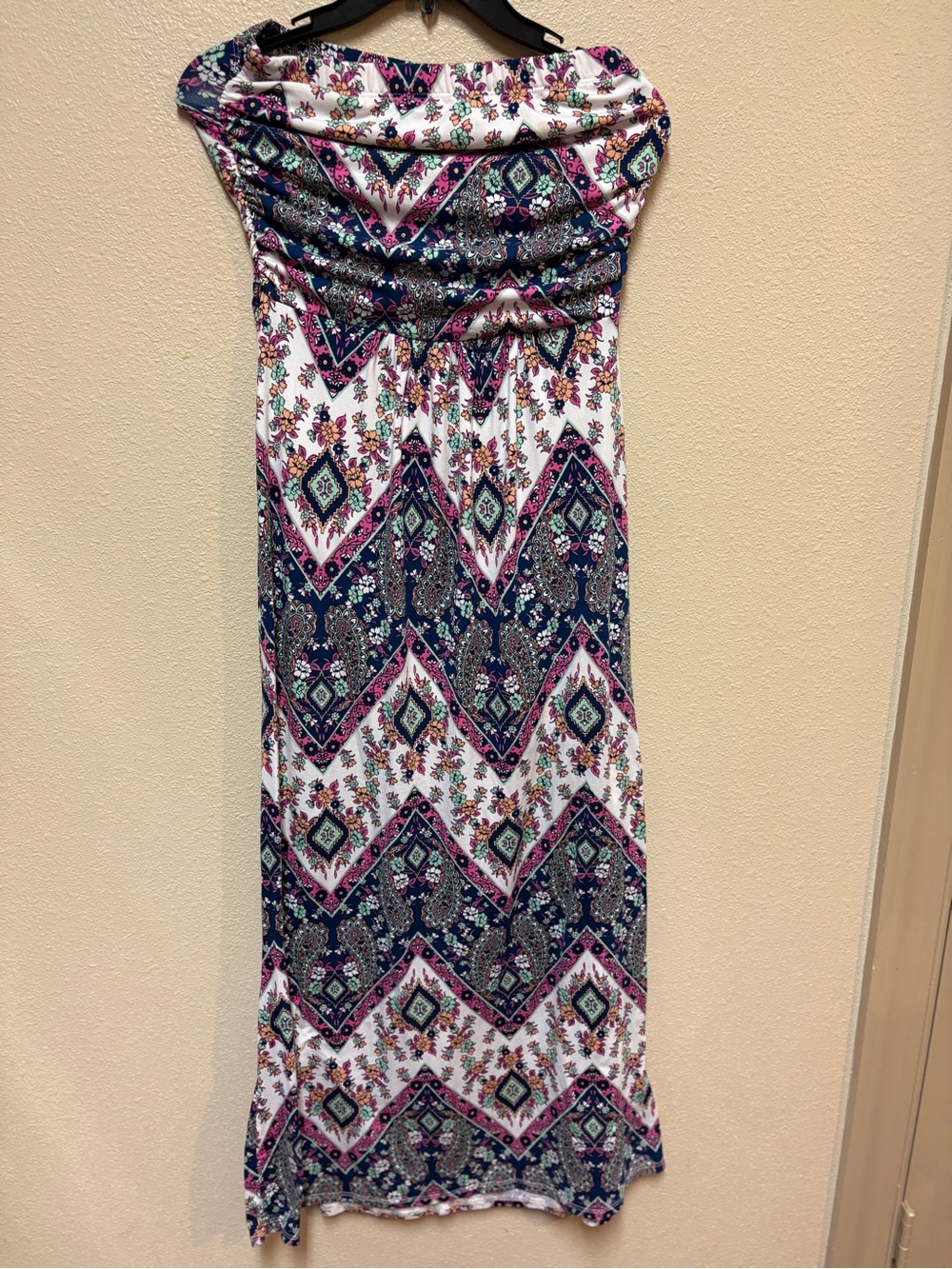 Persaya Navy, Pink & White Paisley Strapless Maxi Dress